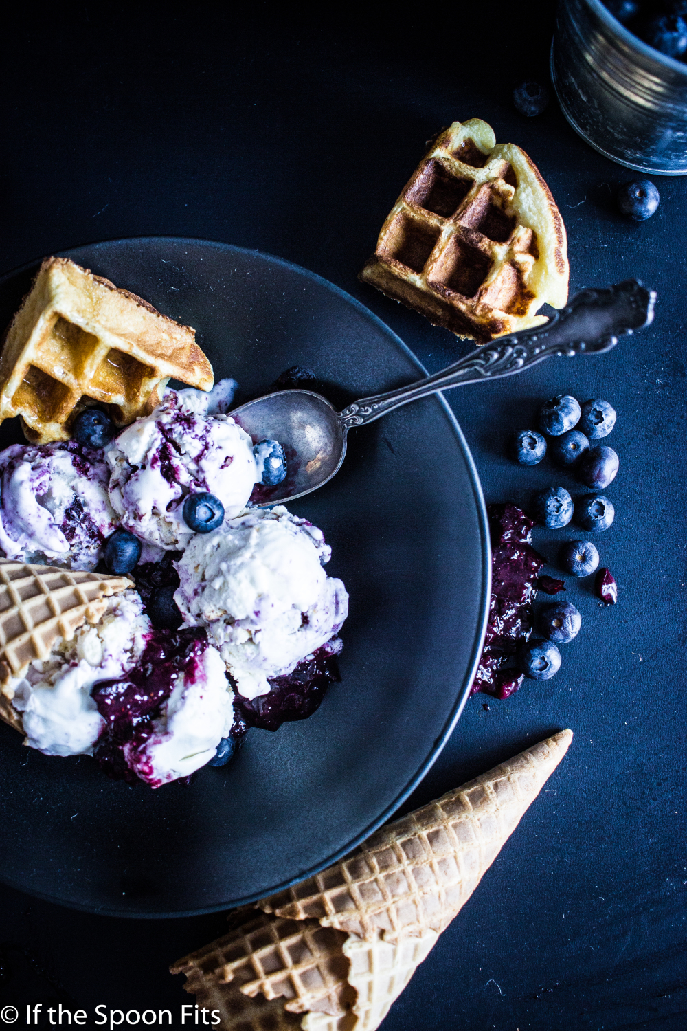 Belgian Buttermilk Waffle Ice Cream with Sweet Blueberry Compote. Photo by ©If the Spoons Fits.